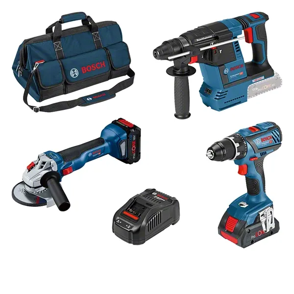 BOSCH COMBI-KIT 3 18V TOOLS: GSR + GWS + GBH + 2 PROCORE18V BATTERIES (1 OF 4.0 AH + 1 OF 8.0 AH) + GAL CHARGER + PROFESSIONAL TOOL BAG