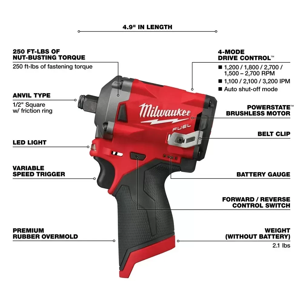Milwaukee Pre-Sale M12 2555-20 M12 FUEL 12V 1/2-Inch Stubby Impact Wrench - Bare Tool