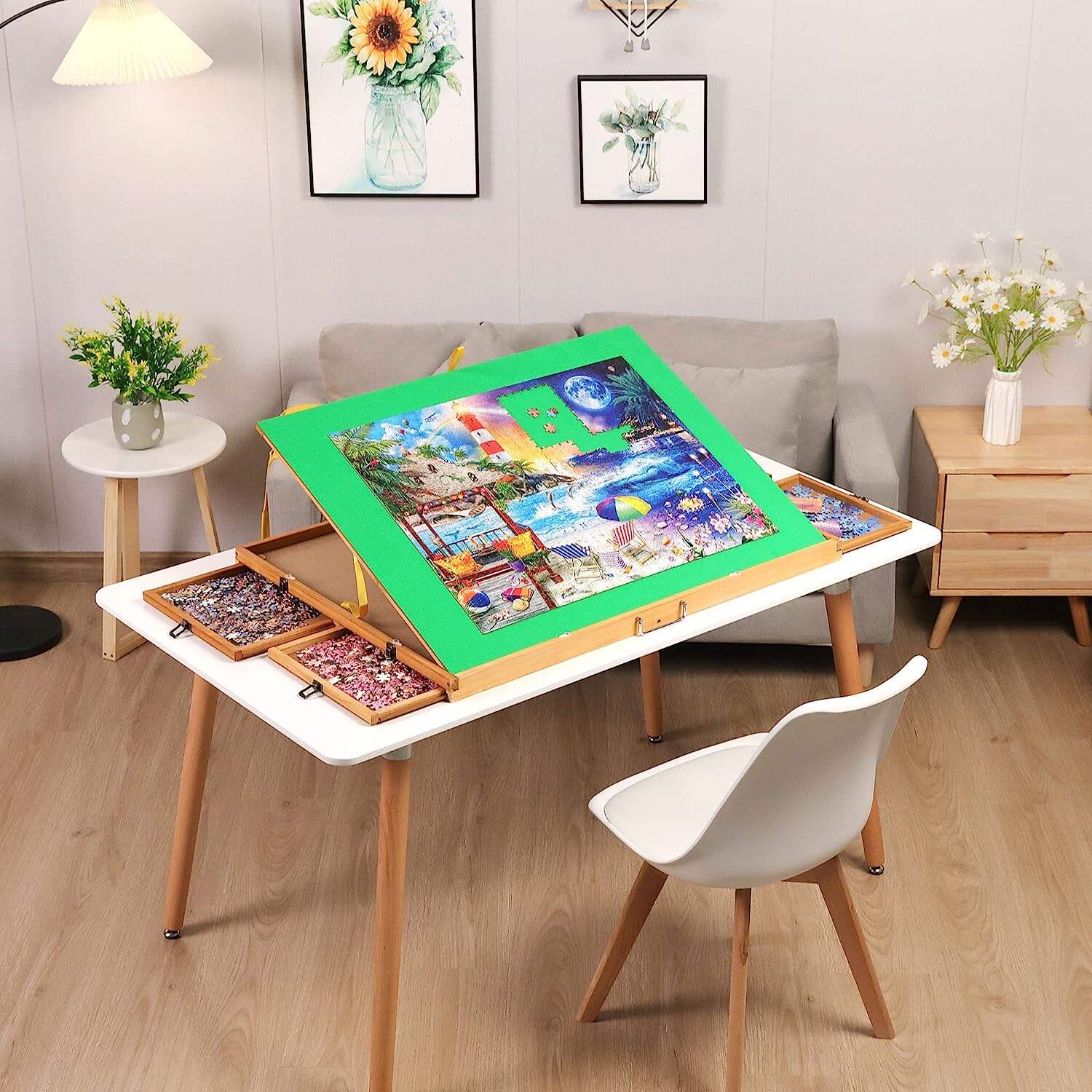 Puzzle Table with Legs and 4 Drawers for 1500 Pcs, Adjustable Tilting Puzzle Board with Cover, Portable Puzzle Tables for Adults Elder Teens