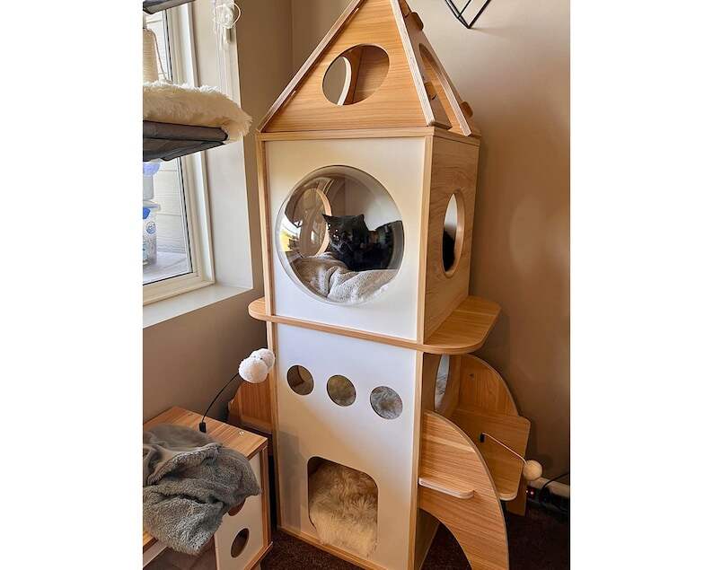 Modern Spaceship Cat Tree Tower, Wooden Multi-Level Cat Condo with Litter Box Enclosure, Cat House, Unique Cat Furniture, Cat Lover Gift