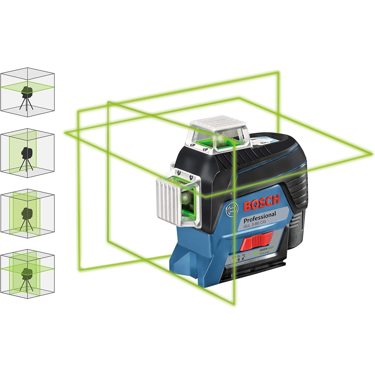 Bosch Professional 12V System Niveau Laser Lignes GLL 3-80 CG (1 batterie 12V, laser vert, pour l'intérieur, avec fonction d'application, portée : jusqu’à 30 m, support universel BM 1, L-BOXX)