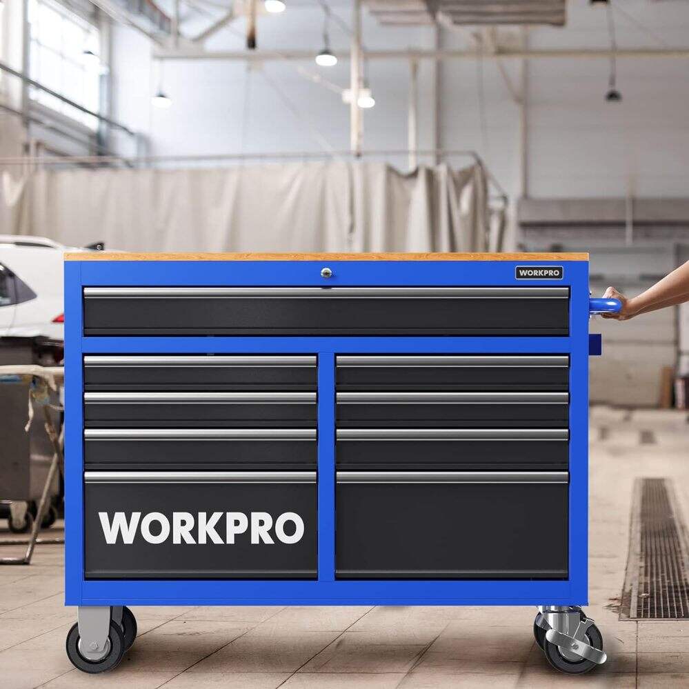 WORKPRO 46-Inch 9-Drawers Rolling Tool Chest, Mobile Tool Storage Cabinet with Wooden Top, Equipped with Casters, Handle, Drawer Liner, and Locking System, 1200 lbs Load Capacity