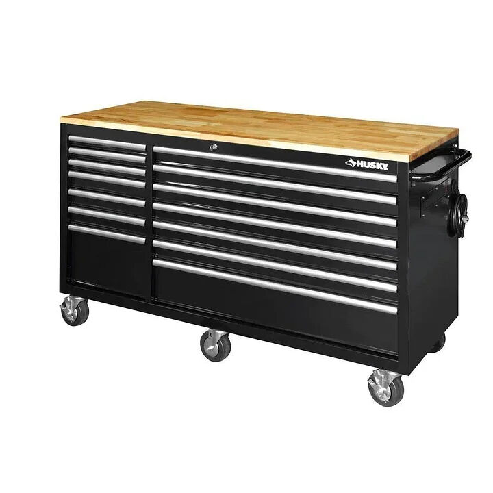 62-inch 14-drawer mobile workbench, solid wood top, black
