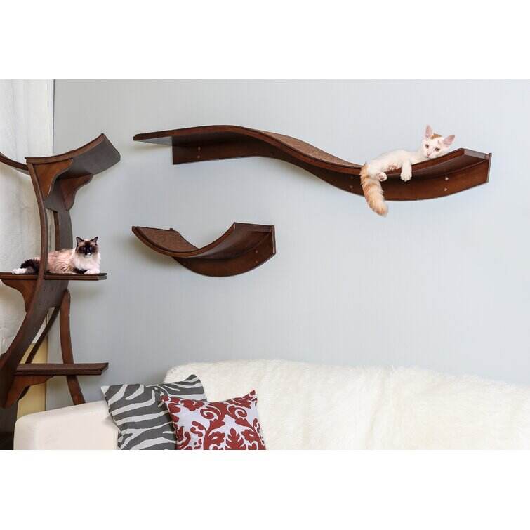 Lotus Branch Cat Shelf - Wall-Mounted Wood Cat Furniture with Replaceable Carpet, Holds Up to 50 Lbs