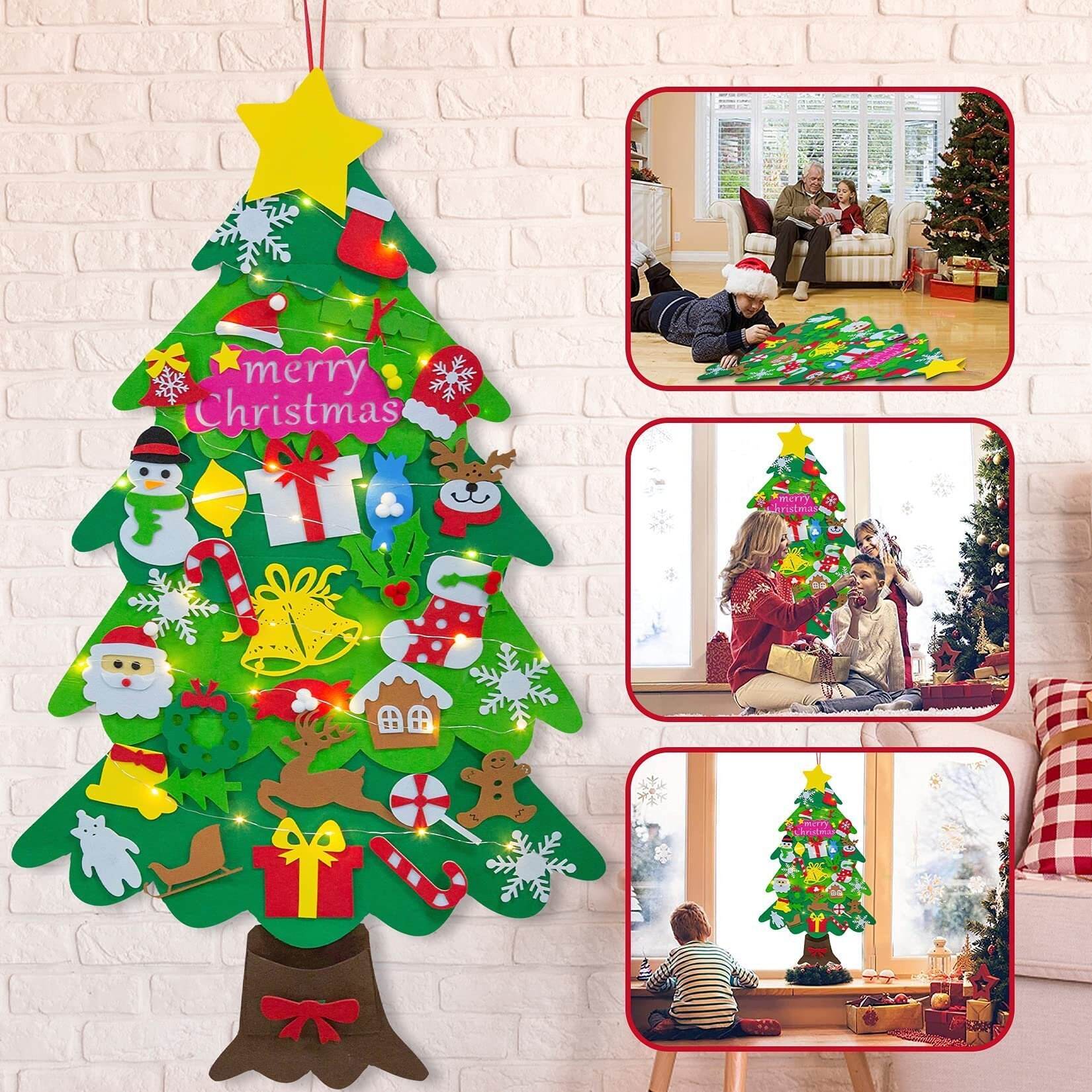 ??Felt Christmas Tree Set With 32PCS Ornaments Wall Hanging Tree & 35LED String Lights