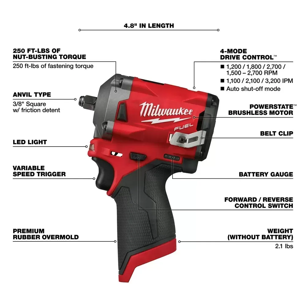 Milwaukee Pre-Sale 2554-20 M12 FUEL 12V 3/8-Inch Stubby Impact Wrench - Bare Tool