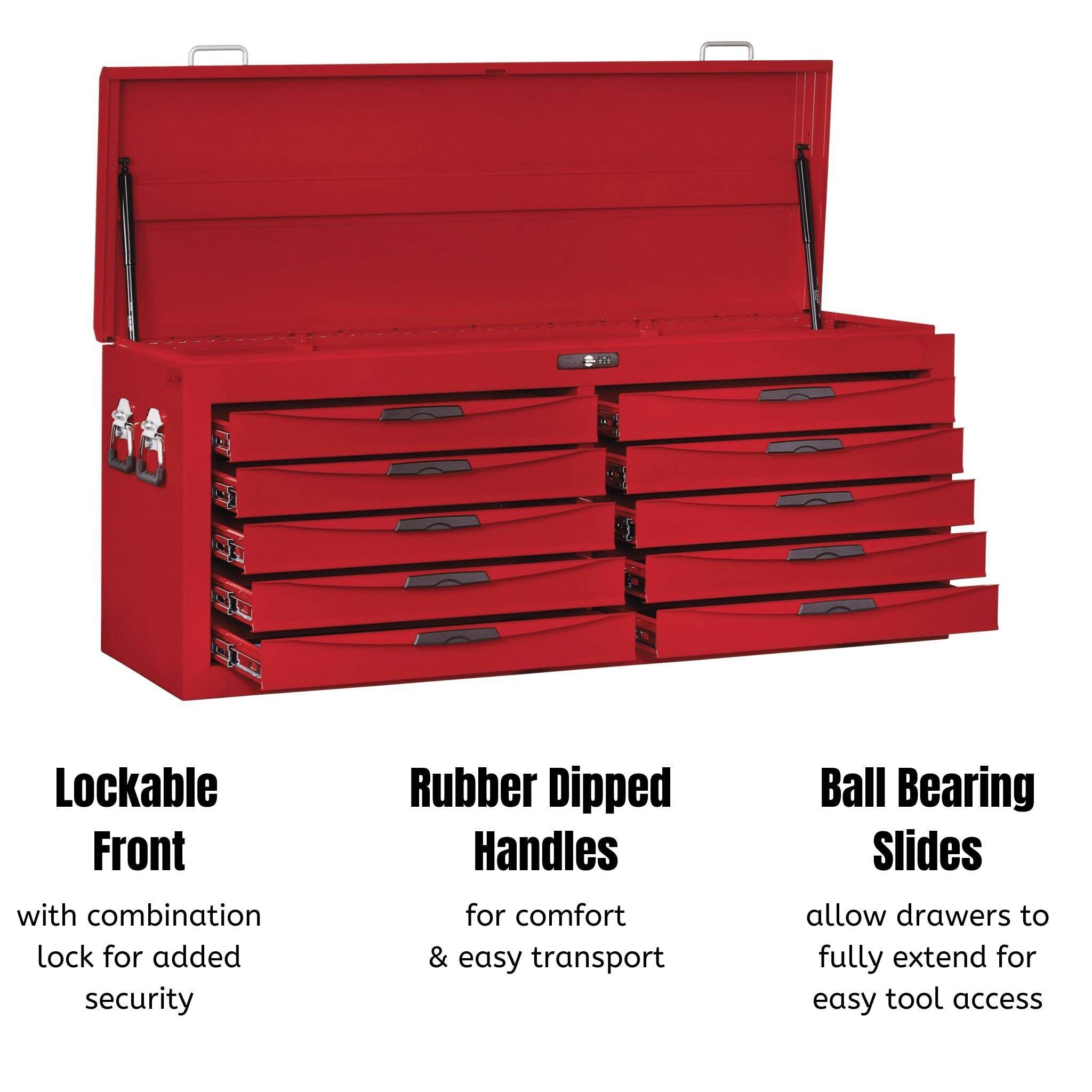 10 Drawer 53 Inch Wide Professional Steel Lockable Red Top Box