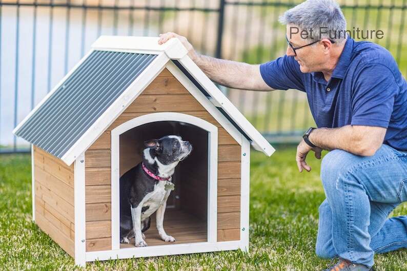 Brown/Blue Wood Dog House, Wood Furniture for Pets, Wooden Dog House, Gift For Pet Furniture, Wood Dog Bed, Gift For Pet Lover